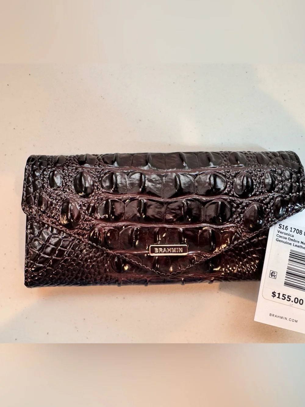 NWT Brahmin Cocoa Ombre Veronica Croc-Embossed Leather Wallet - Brown